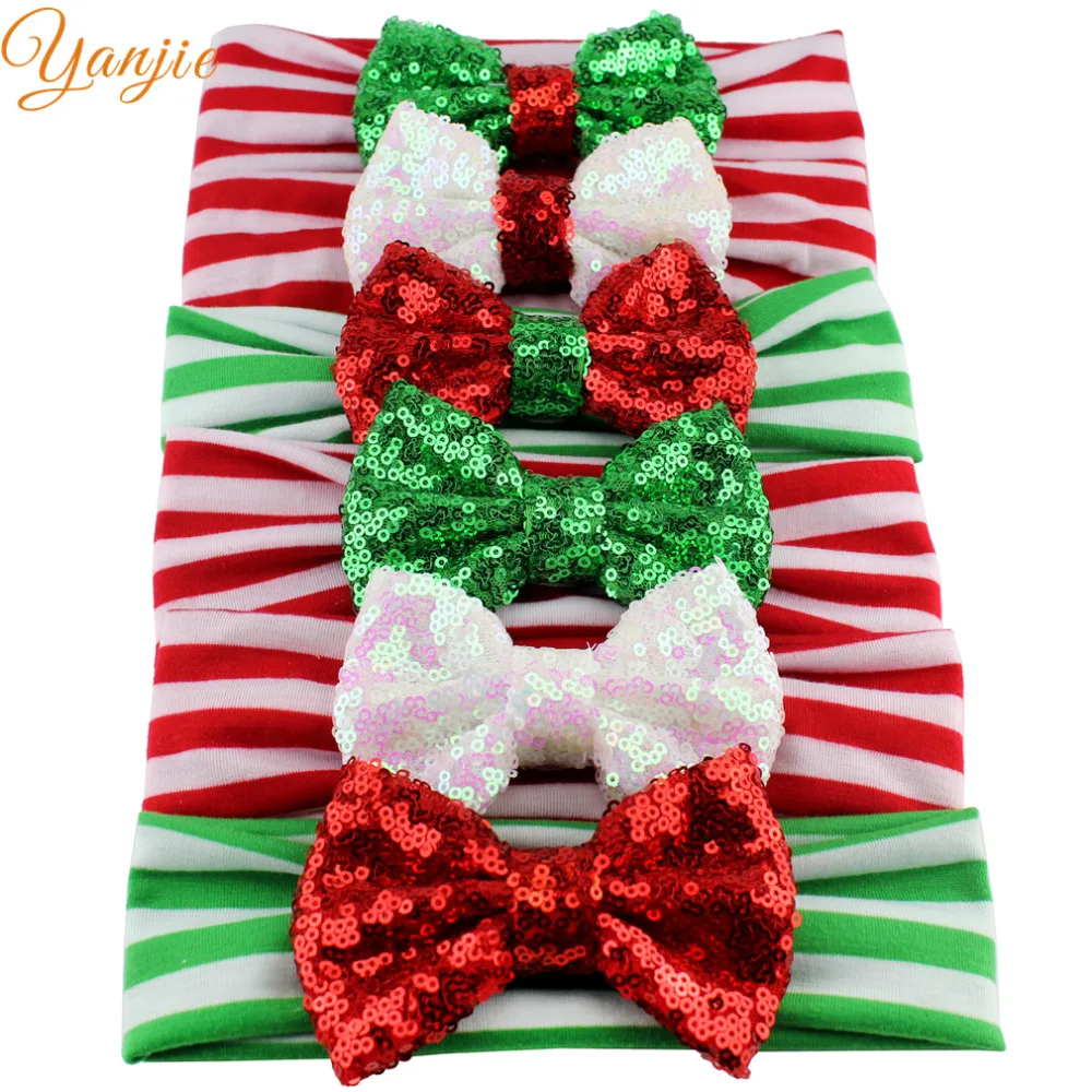 12pcs/lot Christmas Headband 4'' Cute Sequin Bow Headband For Girls And