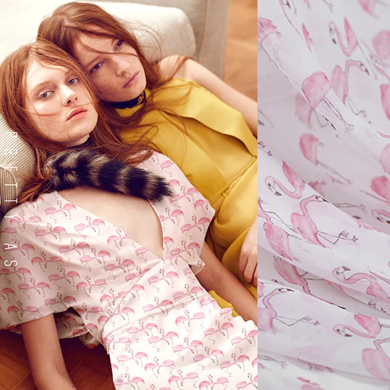 

135CM Wide 10MM Pink Crane Print Thin Soft Silk Chiffon Fabric for Summer Long and Short Dress Shirt Scarf DE703