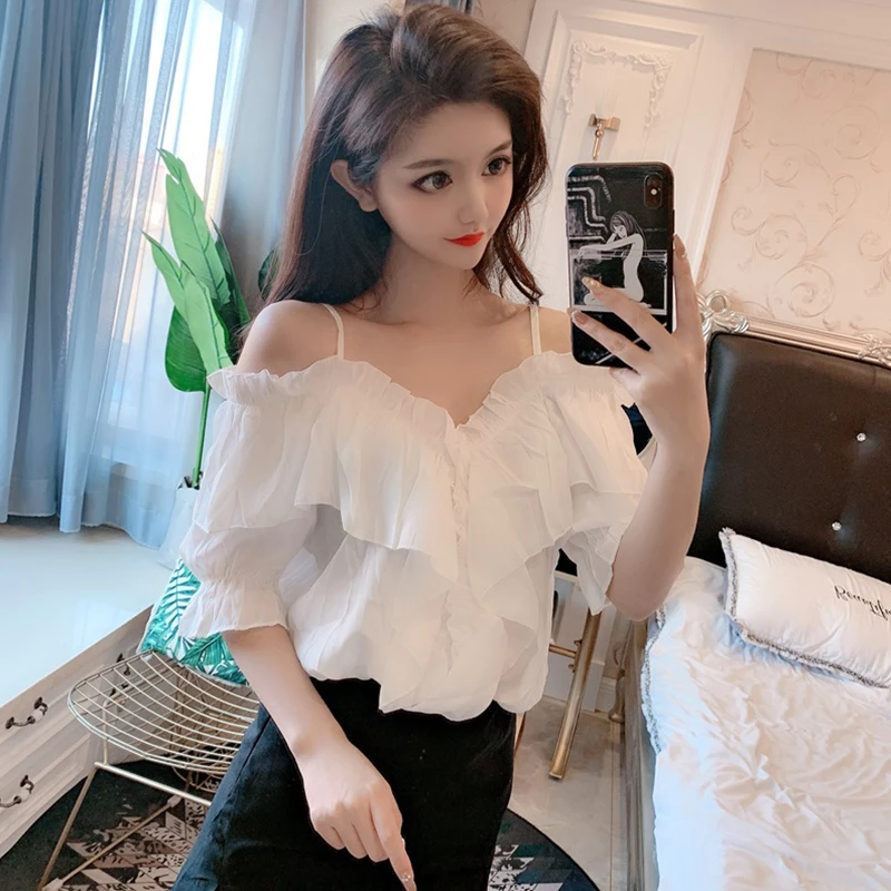 White Office Lady Elegant Lantern Sleeve Surplice Peplum Off the Shoulder Solid Blouse Autumn Sexy Women Tops And Blouses F20 | Женская
