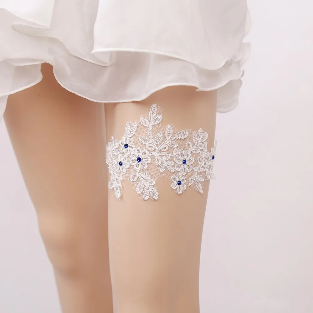 Wedding Garter Blue Rhinestone Embroidery Flower White Sexy Garters For Womenfemalebride New