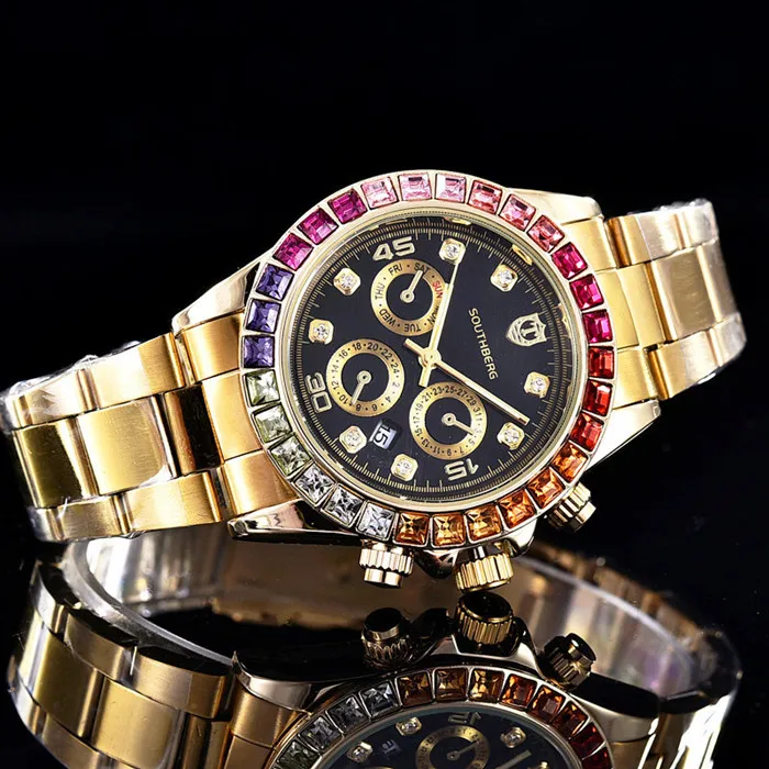 Роскошные часы southberg для мужчин GMT стекло Дата нержавеющая сталь для женщин мужчин s Спорт кварцевые Цвет Стразы Часы Reloj Hombre