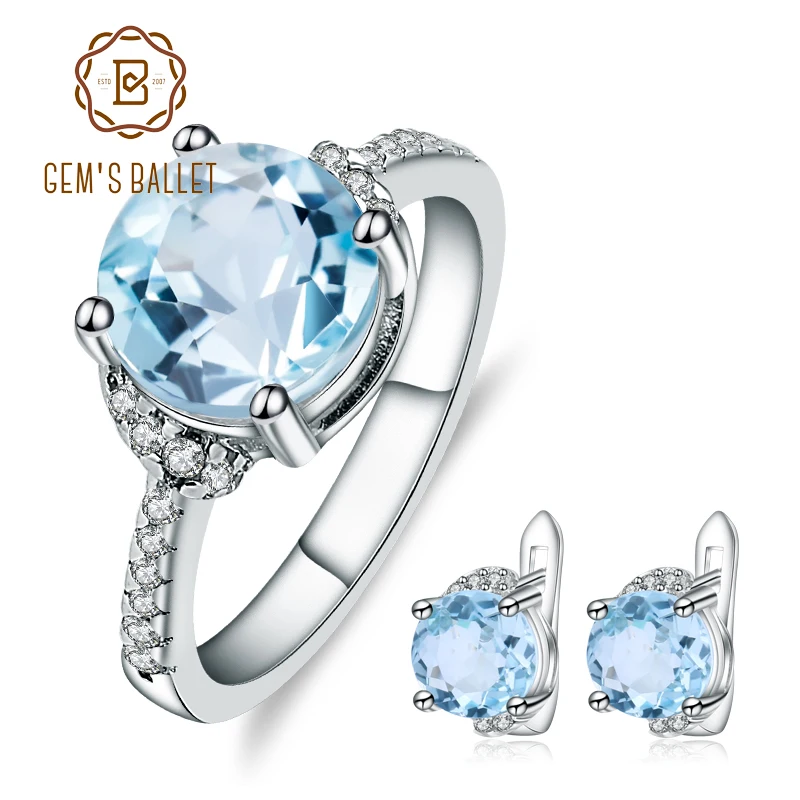

GEM'S BALLET 8.61ct Natural Sky Blue Topaz Ring Earrings Set Classic Gemstone Jewelry 925 Sterling Silver Fine Set For Women