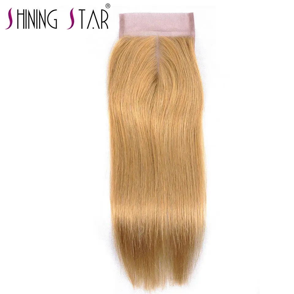 

Honey Blond Brazilian Straight Hair Color 27 4*4 Swiss Lace Closure Middle Part 100% Human Hair Extension Shining Star Non Remy