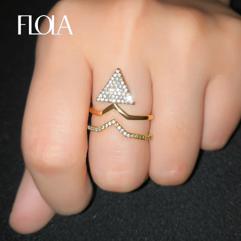 

FLOLA Gold Triangle Circle Simple Ring for Woman Geometric Zircon Paved Ring with CZ Stone 925 Silver Jewelry Ring Gift righ10