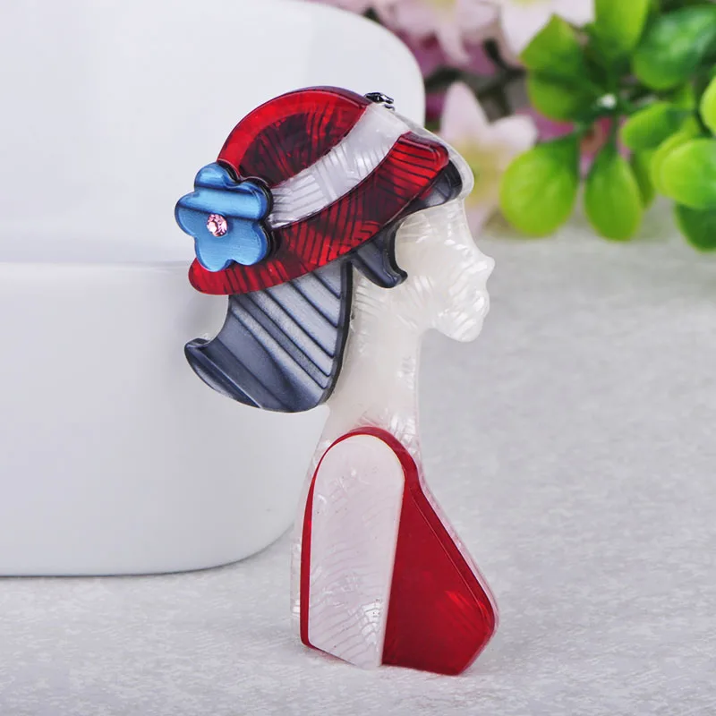 Blucome Fashion Red Hat Girl Shape Brooch Natural Texture Acrylic Brooches Jewelry For Women Suit Coat Scarf Accessories Pins