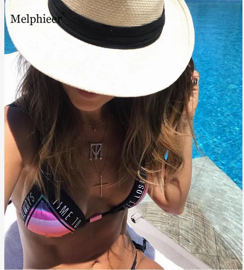Günstig Melphieer Bikini 2020 Mädchen String Krawatten Halter Brazilian Bikini Badeanzug Brief Drucken Bademode Sommer Strand Tragen Badeanzug