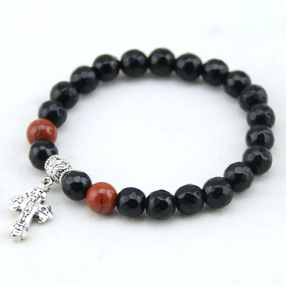 Choose Size New Arrive Black Beads Elastic Cord Bracelet For Men Cross