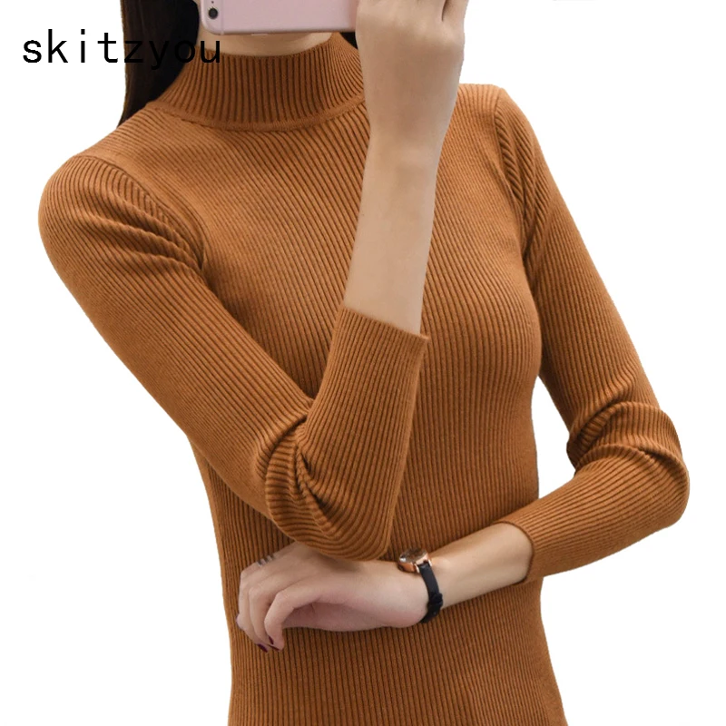 skitzyou KnitTurtleneck Gray Sweater Women Autumn Winter Elastic Black Pullovers Long Sleeve Slim Short Bottoming Jumpers Pull | Женская