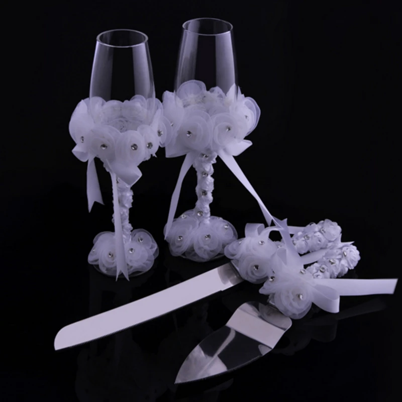 Новая коллекция пара свадебные подарок душ свадьба и цветок шампанское тостов Очки вина чашки+ Даймон торт нож