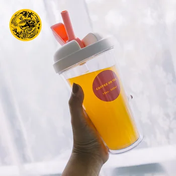 

Double-layer Anti-caliente Plastic Water Bottles Straw Type Korean style cute Health PC material 320/420ml Home use