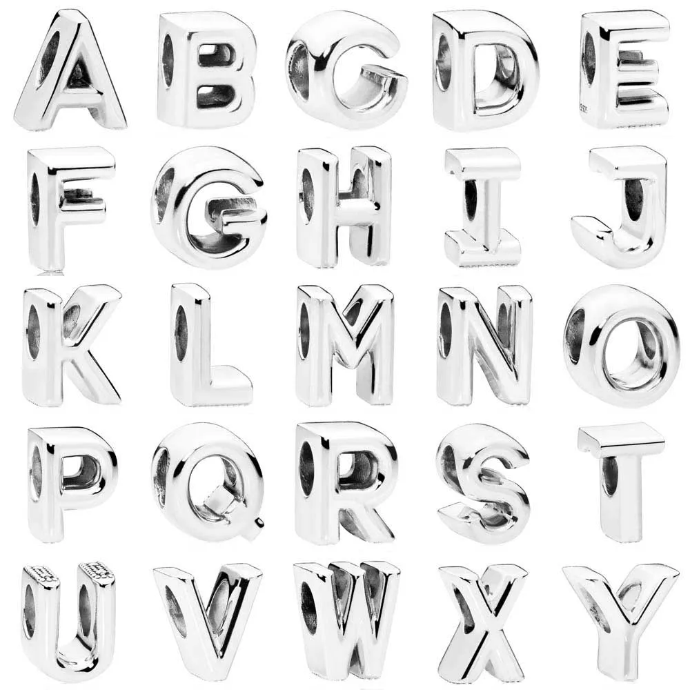 

A-Z New 925 Sterling Silver Bead Charm Smooth Alphabet 26 Letter With Crystal Beads Fit Pandora Bracelet Bangle DIY Jewelry