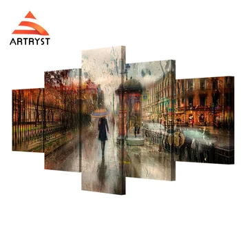 

5 pcs No frame canvas art girl walking in the rain poster printed on the canvas for the bedroom modern home wall decor picture
