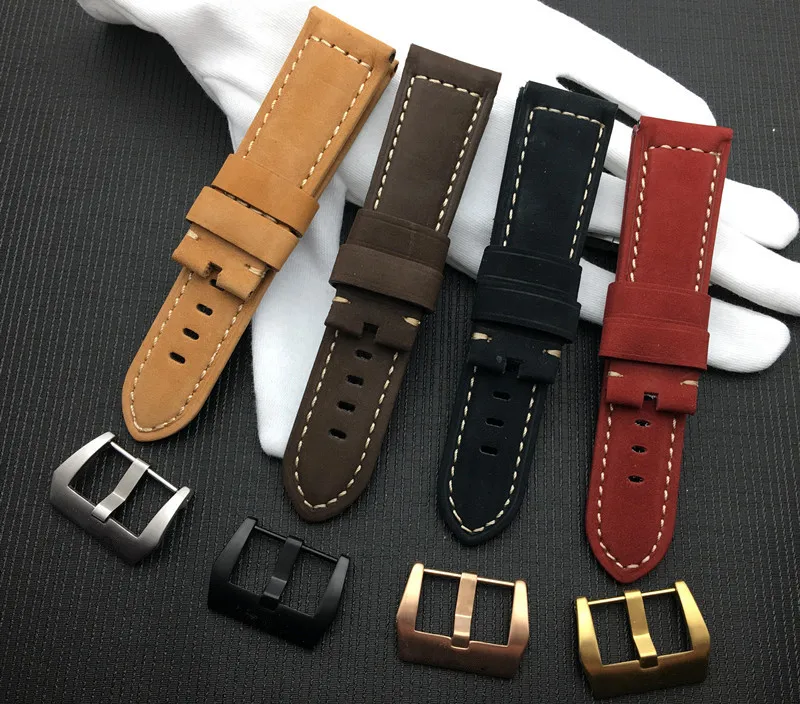 

Watch band 22mm 24mm 26mm retro Red Black dark brown handmade Genuine nubuck Leather Watchband For PAM111/Panerai strap buckle