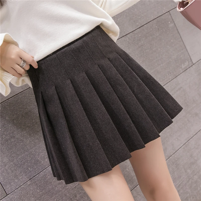 

New Autumn Winter Woolen Skirts High Waist A-Line Pleated Mini Skirt Korean Preppy Style Women Skirts Gray/Black