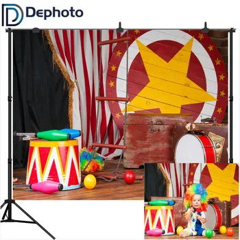 

DePhoto Baby Kids Birthday Circus Party Backdrop White Red Striped Curtains Suitcase Wood Floor Children Photography Background