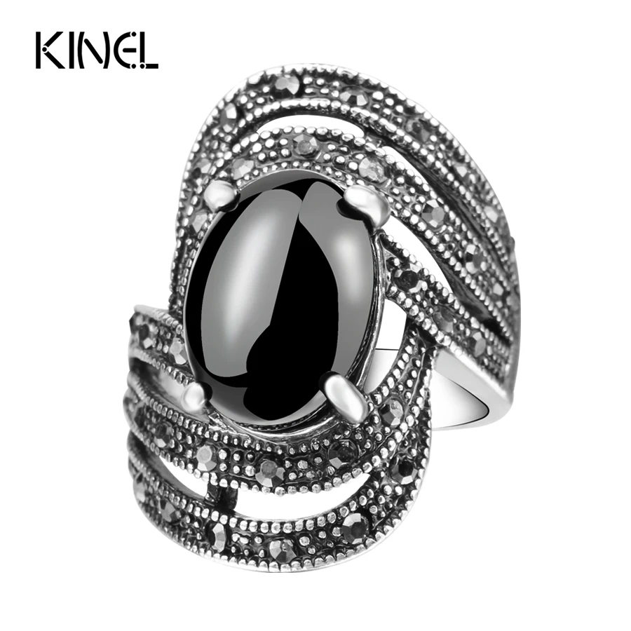 

Unique Vintage Fashion Black Rings For Women Tibet Silver Alloy Antique Oval Angel Wings Ring 2017 New