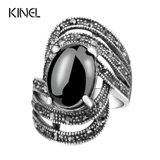 Unique Vintage Fashion Black Rings For Women Tibet Silver Alloy Antique Oval Ang Unique Vintage Fashion Black Rings For Women Tibet Silver Alloy Antique Oval Ang