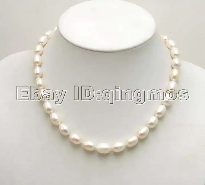 

SALE Big 9-10MM Rice White Natural Freshwater PEARL 17" NECKLACE-5349 whole sale and retail Free shipping