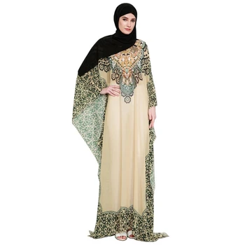 

Muslim Fashion High Quality Cozy Folk-Custom Print Female Chiffon Abaya Full Sleeves Muslim Long Dress Elegant Arabic Dress