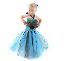 2019 Princess Girls Peacock Feather Tutu Dress Photo Prop Halloween Costume Baby Kids Birthday Party Dress girls peacock feather print bow dress