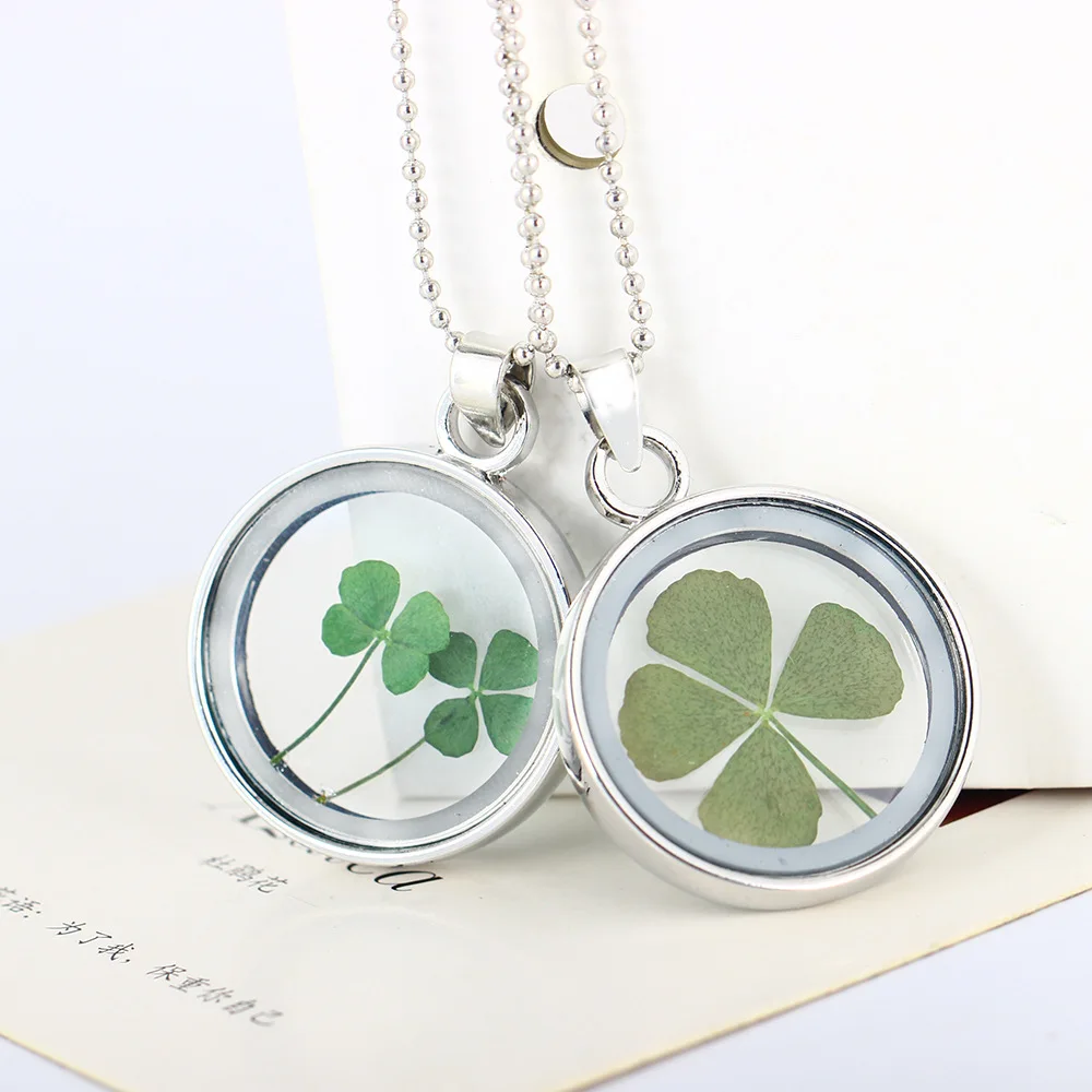 

SUKI 2019 Fashion Crystal Round Glass Flower Clover Necklace Long Beaded Chain Pendant Necklaces Women Lucky Wish Locket Jeweley
