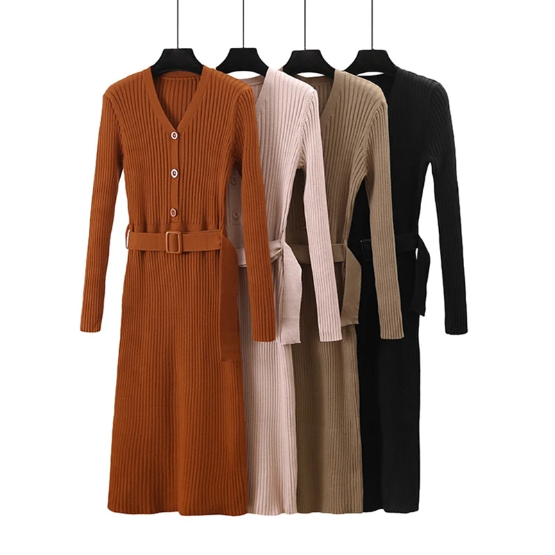 

BYGOUBY Autumn Women Sweater Dress Thick Knitted Warm Dresses V-Neck Sexy Femme Winter Dress