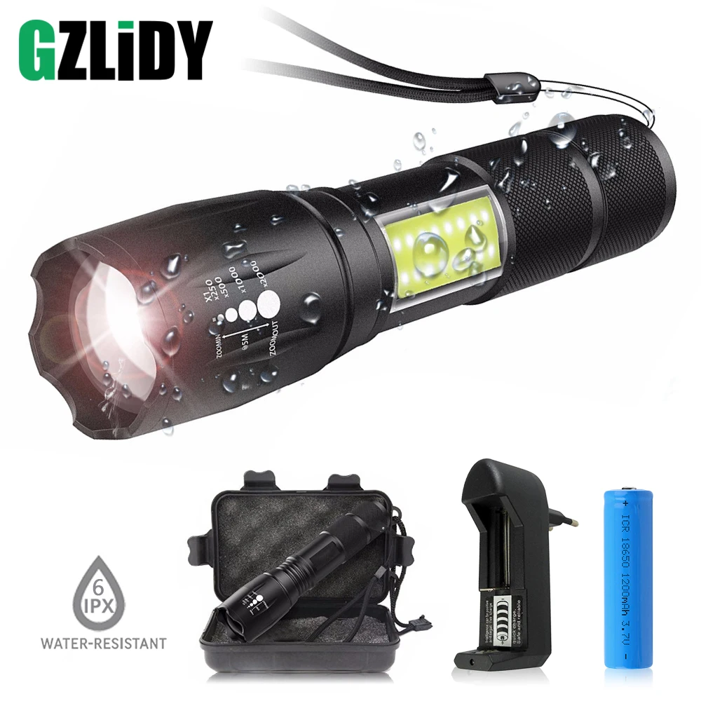 

LED flashlight side COB lamp design Powerful T6 / L2 telescopic zoom portable flashlight 4 lamp mode for 18650 battery + charger