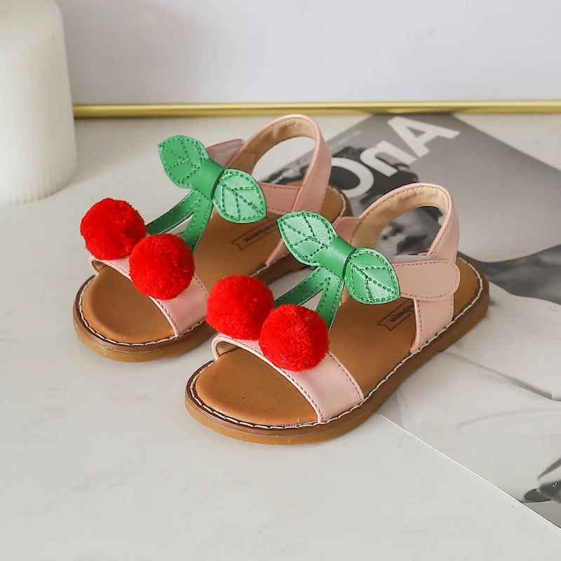 

Children's Shoes Sandals for Girls Flat Kids New Shoes Summer Lovely Cherry Decoration Comfortable Fur Ball Beach Sandals