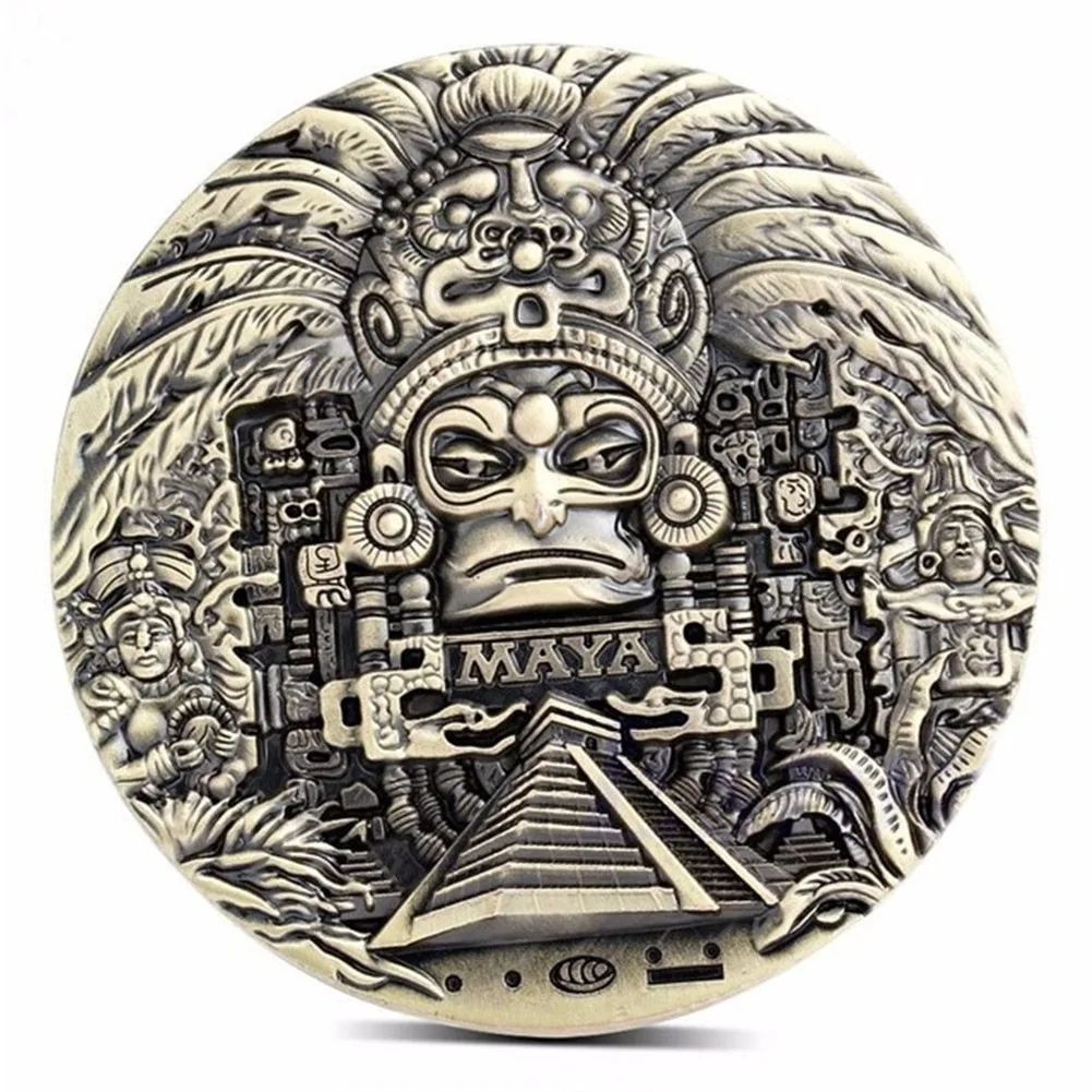 Maya уникальна в древней бронзовой скульптуре трехмерные памятные монеты Золотой акриловой коробке