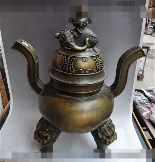 

S02102 28" chinese pure bronze elephant beast head foot statue incense burner Censer B0403