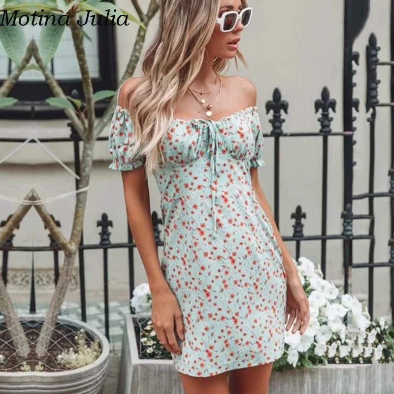 

Motina Julia Sexy off shoulder floral print short dress Summer beach fitness pencil dress female Daily women cute dress vestidos