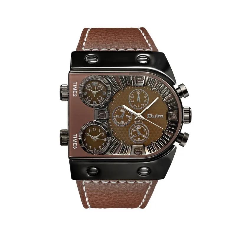 Oulm Men's Watches Mens Quartz Casual Leather Strap Wristwatch Sports Man Multi-Time Zone Military Male Watch Clock relogios