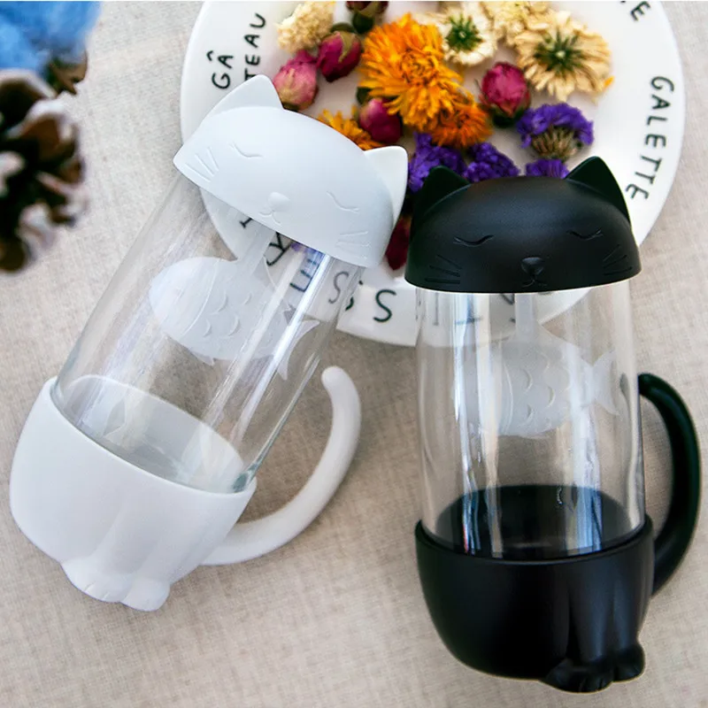 Cute Cat Glass Cup Tea Mug With Fish Tea Infuser Strainer Filter