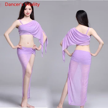 

Performance Women Belly Dance 2 Piece Set top+skirt 2pcs Practice Performance Clothes oblique Shoulder Top Bifurcation Dress