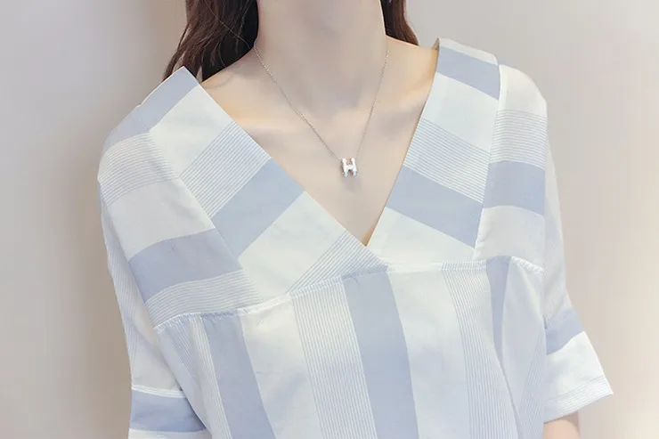 New Striped Blouses Women Shirts Ladies 2018 Summer Half Sleeve Womens Tops And Blouses V-neck Cotton Linen Blusas Femininas  (9)