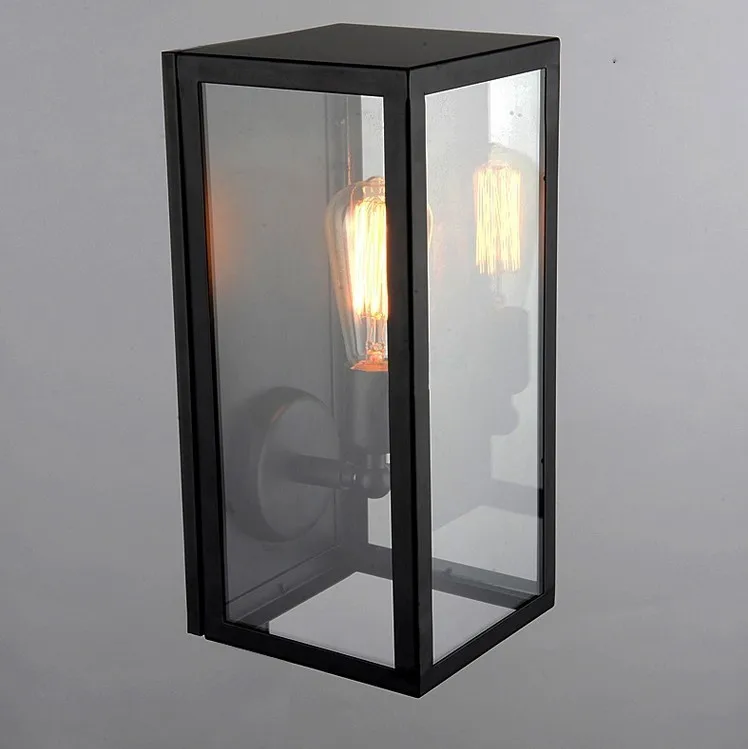 Короткий черный прямоугольник E27 светодиодный настенный светильник с лампочками, прозрачная крышка класса, Уличный настенный светильник, металлический каркас, стеклянная настенная лампа