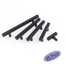 Cabinet Handles Dresser Drawer Pulls Knobs Flat Black J22BK Square T Bar Stainless Steel For Kitchens Bathroom Cupboard 25Pack