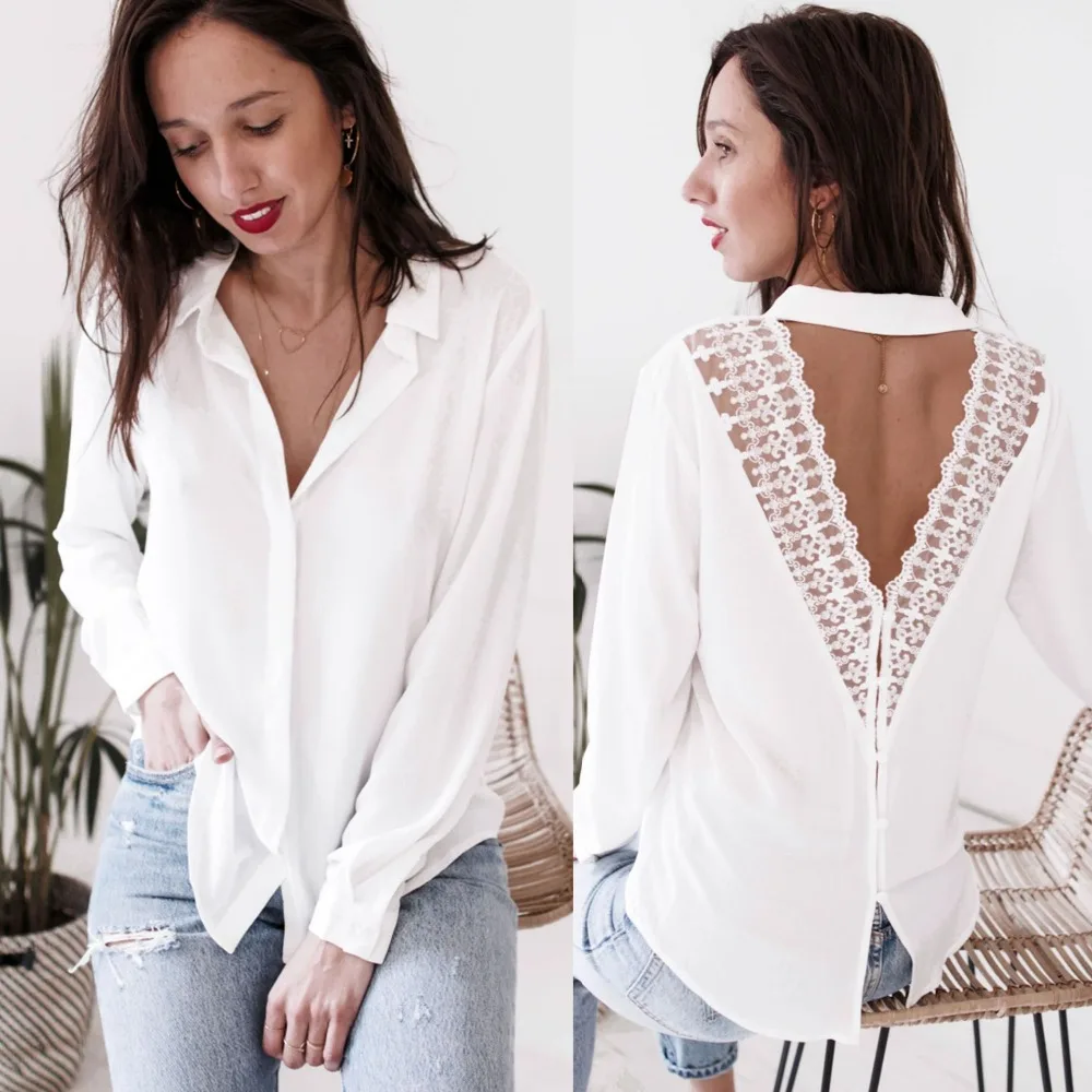 

2019 Fashion Women Lace Tops White Blouses Office Lady Long Sleeve V Neck Harajuku Shirt Lace chemise blusas femininas elegante