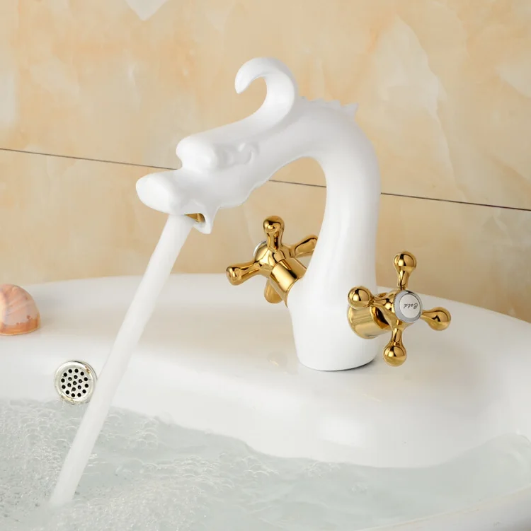 Dual Cross Handle Dragon Basin Sink Faucet Deck Mount White Bathroom Mixer Tap Deck Mount with