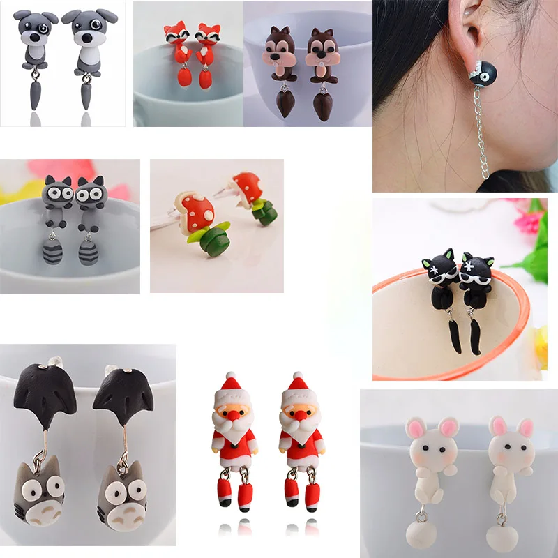 Новые серьги-гвоздики ручной работы из полимерной глины, собаки, панды, кролика, цветка, для женщин, милые Мультяшные 3D серьги в виде животных ювелирные изделия