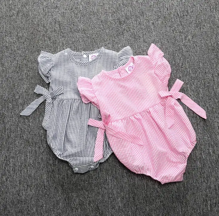 

Hot sales 2017 new girl pink striped bow design jumpsuit Flying sleeves cute beautiful girls clothes children clothing