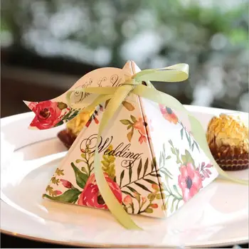 

100pcs green rose floral flower Triangular Pyramid Wedding Favors Candy Boxes Party Chocolate Gifts Box + Ribbons + Tags