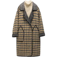 Весенняя Длинная шерстяная куртка, новинка, Корейская Свободная куртка с отворотом, Женское пальто с v-образным вырезом, спущенное плечо, свободное зимнее клетчатое шерстяное пальто