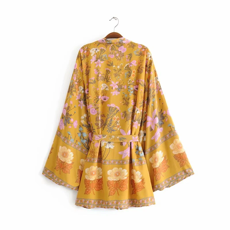 Vintage chic women floral print sashes bat sleeve beach Bohemian kimono dresses Ladies V neck Tassel Summer Boho dress vestidos