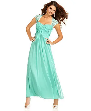 

free shipping 2015 new hot seller vestido longo long chiffon 'Aqua' Cap sleeve Lace Pleated Sweetheart custom Graduation Dress