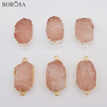 

BOROSA 5PCS Gold Color Rough Natural Pink Quartz Connector Raw Gems Stone Quartz Double Charms for Necklace Jewelry G1746