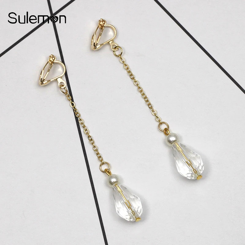 

White Glass Earrings Without Piercing Water Droplets Crystal Glass Clip Earrings No Pierced Romantic Women Earring Jewelry CE201