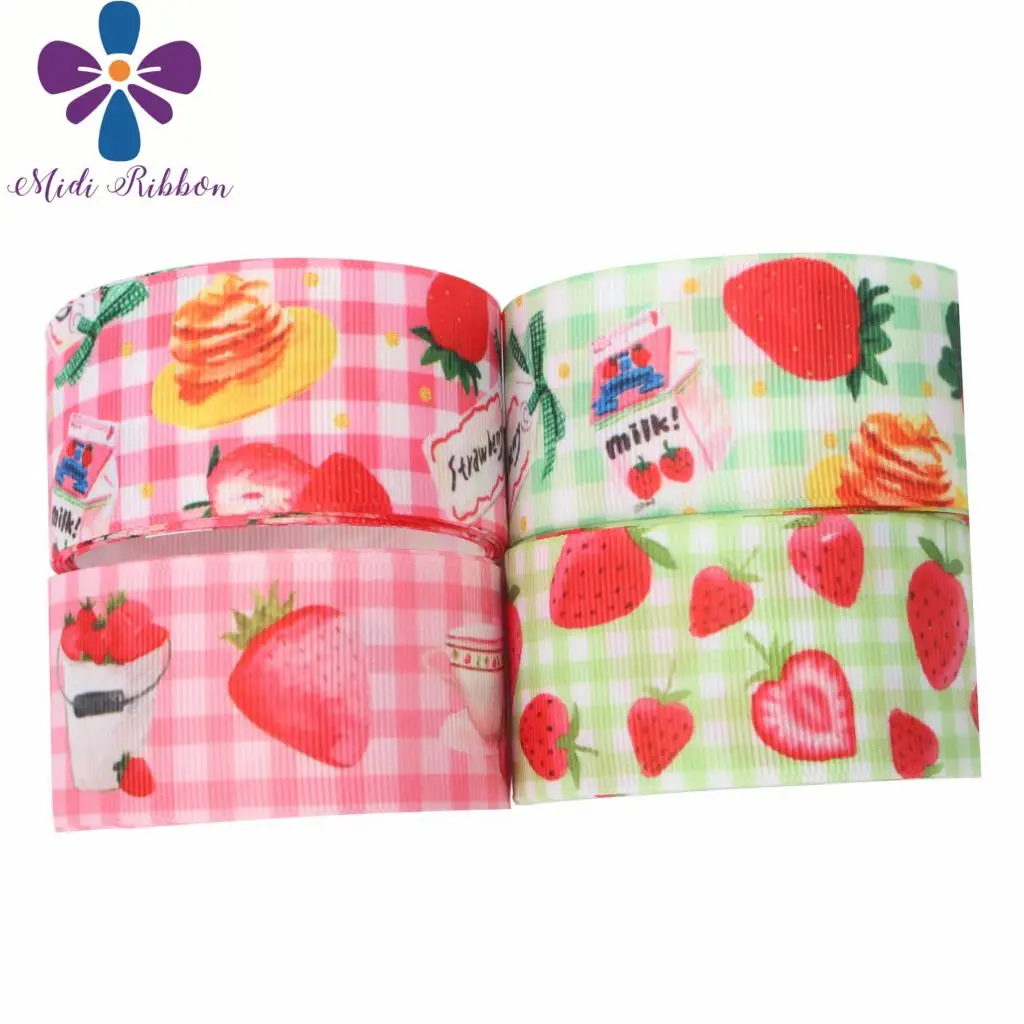 

16mm-75mm Strawberry Series Cake Milk Geometric Check Printed Grosgrain/Foe Ribbon DIY Hair Bowknots Party Decor 50yards/roll