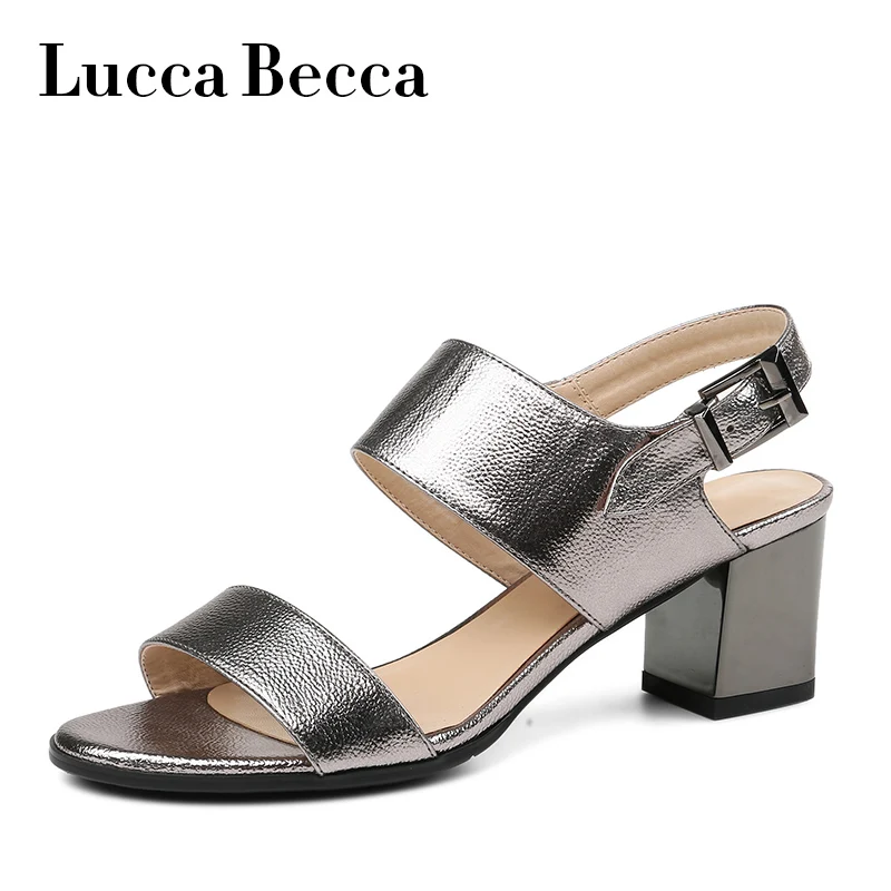 

Lucca High Heels Sandals Women Metallic Leather Elegant Sandalias Mujer 2018 Buckle Strap Sling Back Shoes Woman Thick Heels