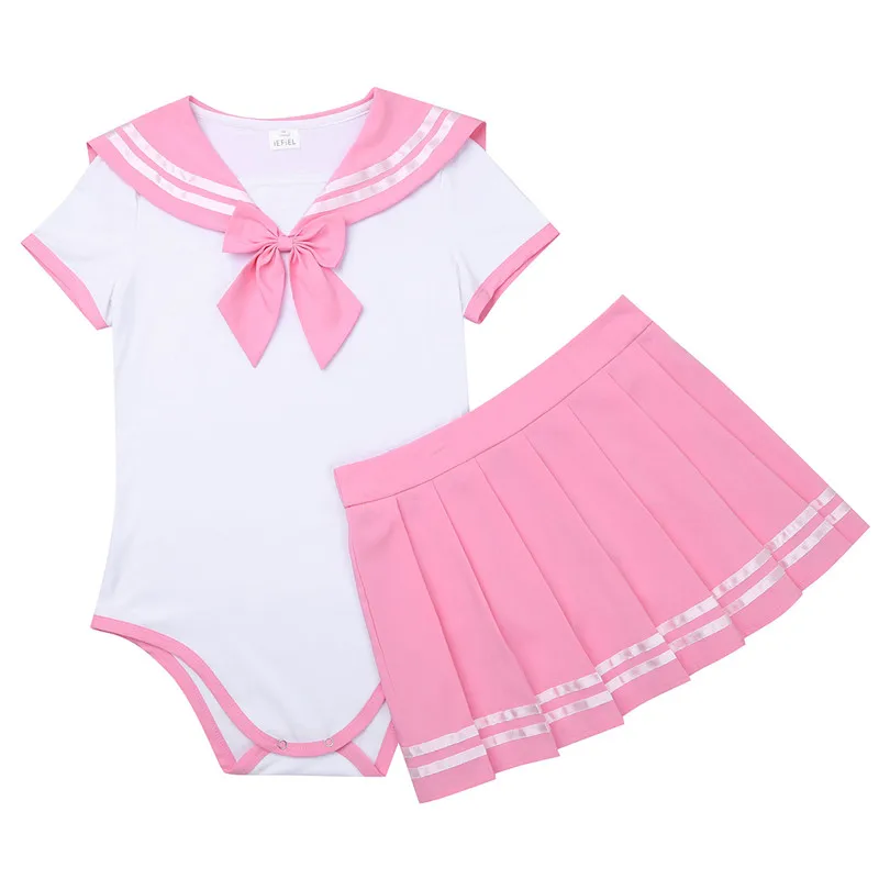 iEFiEL Women Sexy Cosplay Lingerie Schoolgirl Student Uniform Costumes Outfit Sets Snap Crotch Romper with Mini Pleated Skirt